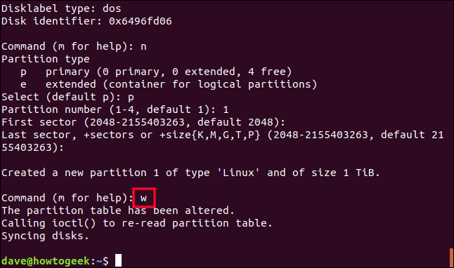 escribir los cambios de fdisk en la unidad en una ventana de terminal