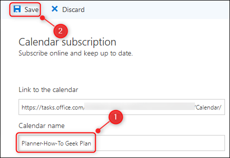 Panel "Suscripción al calendario" de Outlook.
