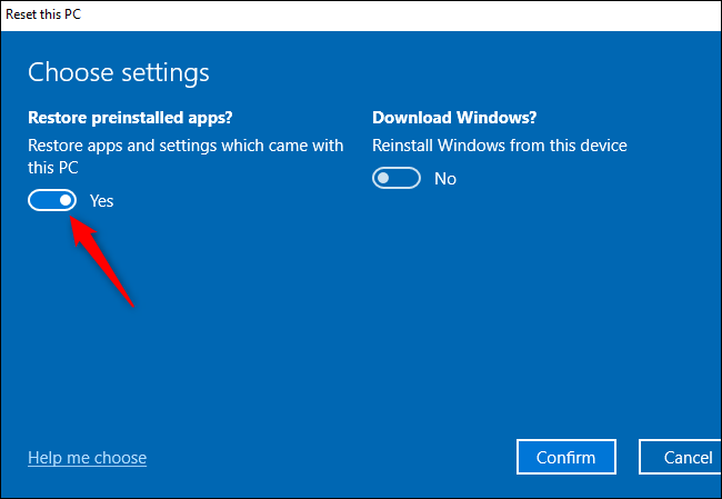 El mensaje "¿Restaurar aplicaciones preinstaladas?"  opción para realizar un nuevo comienzo en Windows 10.