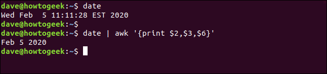 El comando "date" y "date | awk '{print $ 2, $ 3, $ 6}'" en una ventana de terminal.
