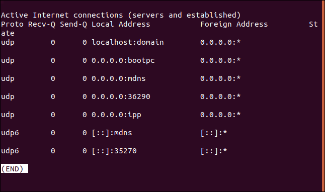 Salida de netstat -au |  menos en una ventana de terminal