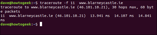 El comando "traceroute -f 11 blarneycastle.ie" en una ventana de terminal.