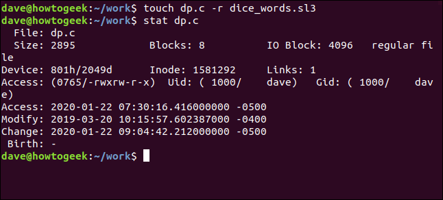 El comando "touch dp.c -r dice_words.sl3" en una ventana de terminal.