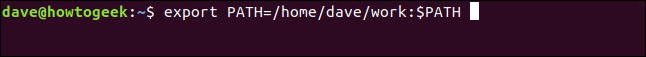 El comando "export PATH = / home / dave / work: $ PATH" en una ventana de terminal.