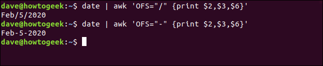 Los comandos "date | awk 'OFS =" / "{print $ 2, $ 3, $ 6}'" y "date | awk 'OFS =" - "{print $ 2, $ 3, $ 6}'" en una ventana de terminal.