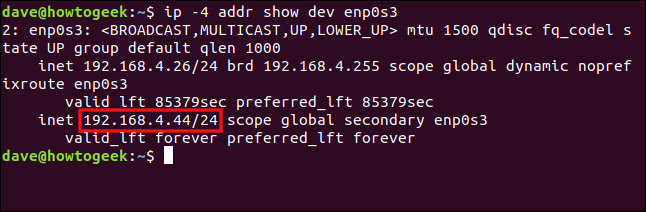El comando "ip -4 addr show dev enp0s3" en una ventana de terminal.