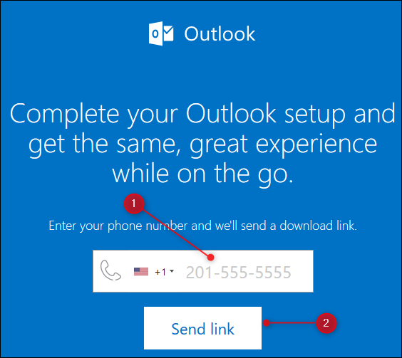 La página web de Outlook que envía un vínculo a la aplicación móvil de Outlook.