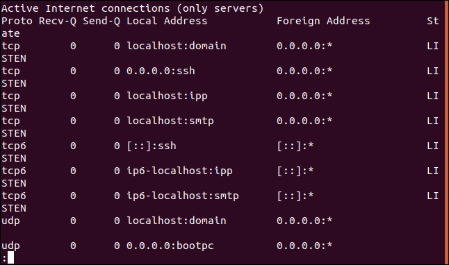 Salida de netstat -l |  menos en una ventana de terminal