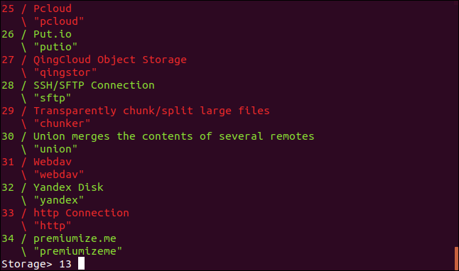 Configuración del tipo de almacenamiento de rclone en una ventana de terminal