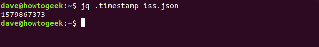 El comando "jq .timestamp iss.json" en una ventana de terminal.