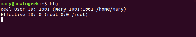 El programa "htg" lanzado por el usuario "mary" en una ventana de terminal.