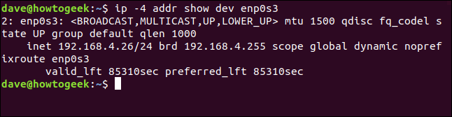 El comando "ip -4 addr show dev enp0s3" en una ventana de terminal.