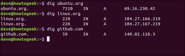 "dig ubuntu.org", "dig linux.org" y "dig github.com" en una ventana de terminal.