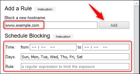 Escribe el sitio web que deseas bloquear en el cuadro de texto, haz clic en "Agregar" y luego establece un horario.