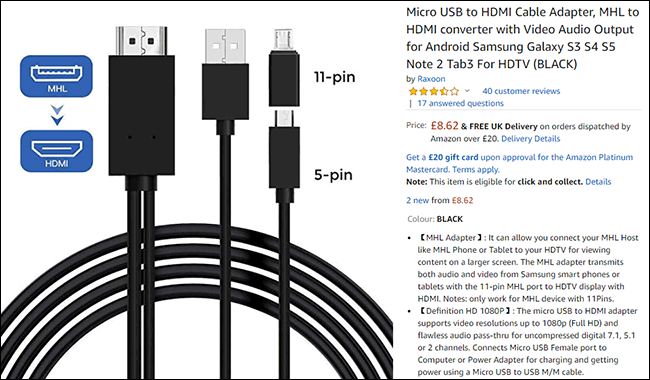 Una lista de cables HDMI MHL en Amazon.