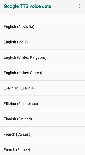 En el menú de datos de voz de Google TTS, toque el idioma elegido