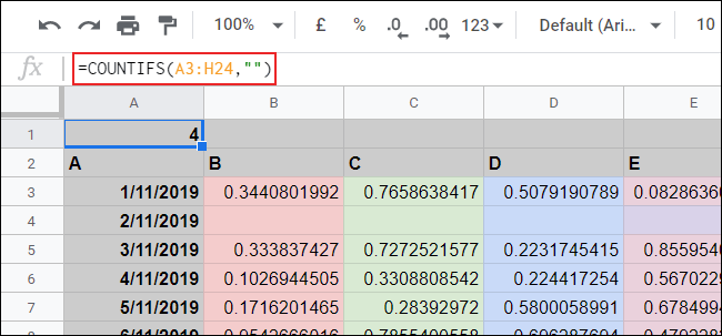 La función COUNTIFS utilizada en una hoja de cálculo de Google Sheets