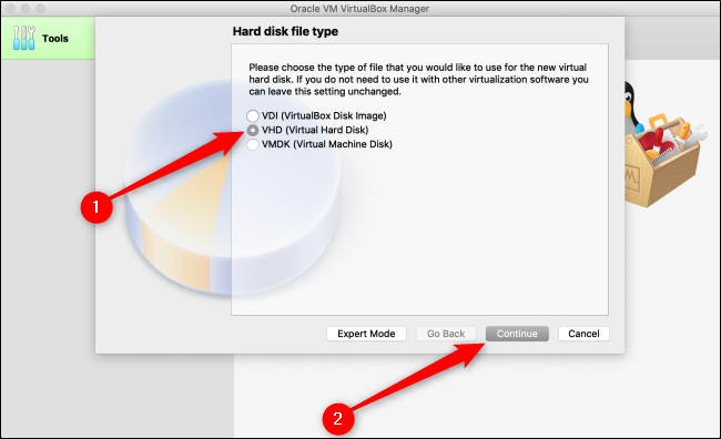 Seleccione "VHD (disco duro virtual)" y luego haga clic en "Continuar".