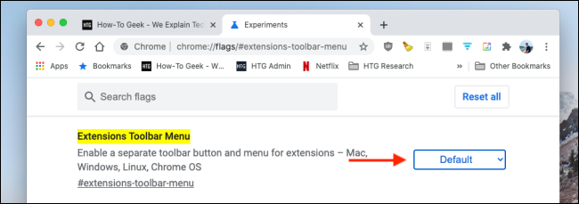 Haga clic en el menú desplegable junto al menú de extensiones en las banderas de Chrome