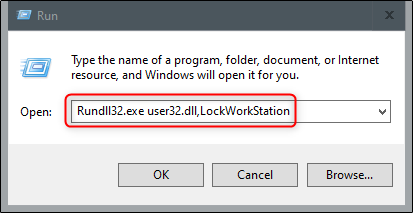 Escriba "Rundll32.exe user32.dll, LockWorkStation" en el menú "Ejecutar".