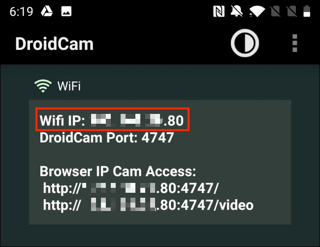 Copie la IP de Wi-Fi de la aplicación DroidCam para Android