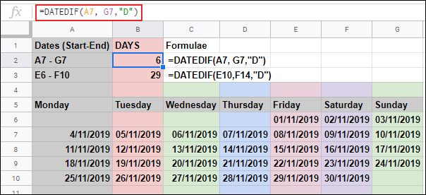 La función DATEDIF en Google Sheets, calcula el número de días entre dos fechas, usando dos referencias de celda individuales