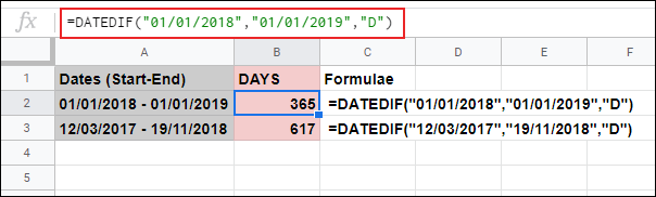 La función DATEDIF en Google Sheets, calcula el número de días entre dos fechas establecidas utilizadas dentro de la fórmula