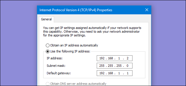 Diálogo IP4 con una dirección IP asignada manualmente