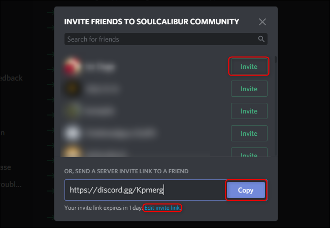 Menú de invitación de Discord