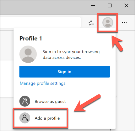 Para agregar un segundo perfil de usuario en Microsoft Edge, haga clic en el icono de perfil superior derecho, luego haga clic en Agregar un perfil
