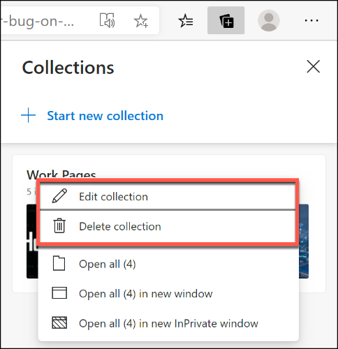 Haga clic con el botón derecho en una colección de Microsoft Edge y haga clic en Editar colección o Eliminar colección para cambiar el nombre o eliminarla