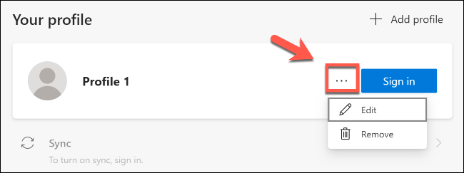 Haga clic en el icono de menú horizontal para eliminar o editar un perfil en Microsoft Edge