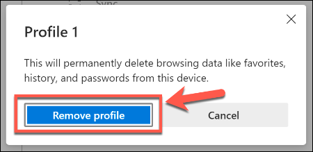 Haga clic en Eliminar perfil para eliminar un perfil de usuario en Microsoft Edge
