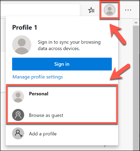 Para cambiar entre perfiles de navegador en Microsoft Edge, haga clic en el icono de perfil de usuario en la parte superior derecha, luego seleccione su perfil de la lista proporcionada
