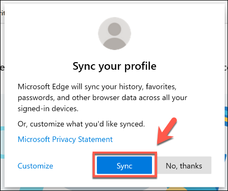 Presione Sincronizar para sincronizar la información de su perfil de Edge con sus otros dispositivos