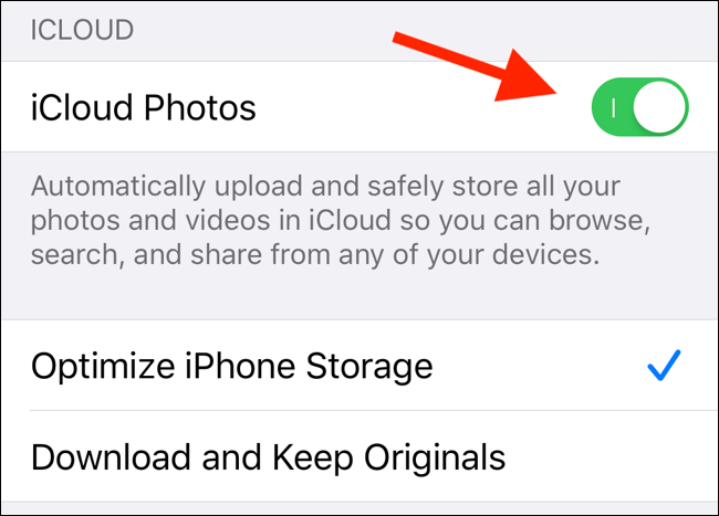 Active la función de biblioteca de fotos de iCloud desde la configuración en iPhone
