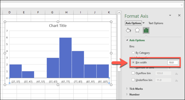 Un histograma de Excel con agrupaciones de ubicaciones agrupadas por ancho de ubicación