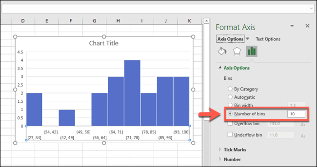 Un histograma de Excel, con agrupaciones de ubicaciones agrupadas por número de ubicaciones