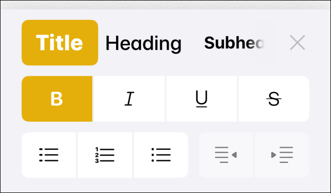 Barra de herramientas de formato en la aplicación Notas