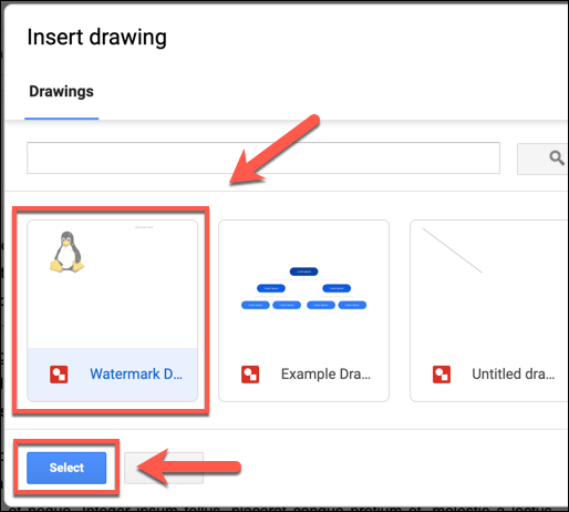 Seleccione su imagen guardada de Dibujos de Google y haga clic en Seleccionar para agregarla a su documento de Google Docs