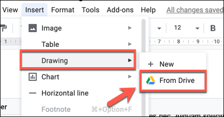 Presione Insertar> Dibujo> Desde Drive para agregar un dibujo de Dibujos de Google a su documento de Google Docs