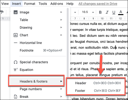 Para agregar un encabezado o pie de página en Google docs, presione Insertar> Encabezados y pies de página y haga clic en Encabezado o pie de página