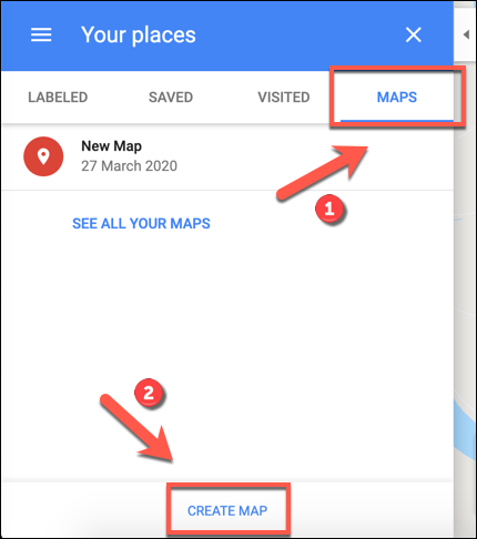 Haga clic en Crear mapa para comenzar a crear un mapa personalizado de Google Maps.