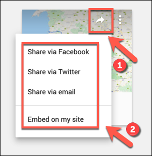 Las opciones para compartir en redes sociales para un mapa personalizado de Google Maps
