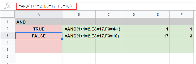 Una respuesta FALSA en la celda A3 a tres argumentos en una hoja de cálculo de Google Sheets.