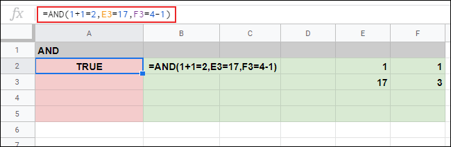 Una respuesta AND de TRUE en la celda A2 a tres argumentos en una hoja de cálculo de Google Sheets.