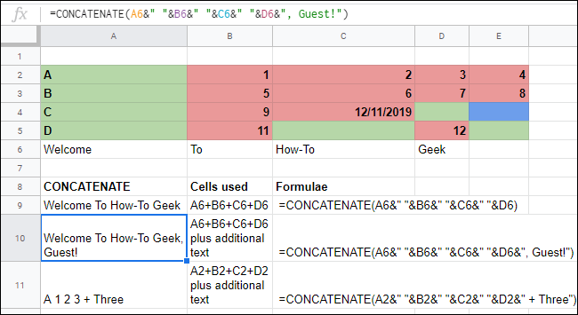 La función CONCATENAR con operadores complejos en una hoja de cálculo de Google Sheets.