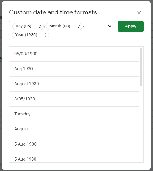 Haga clic en Formato> Número> Más formatos> Más formatos de fecha y hora para cambiar el formato de fecha u hora en Hojas de cálculo de Google