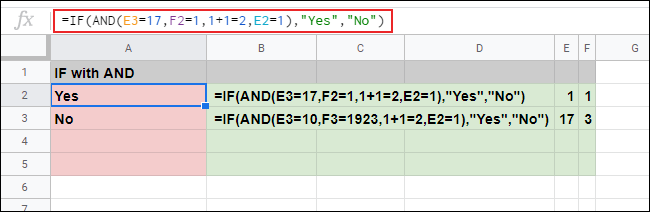 La función SI con una fórmula AND anidada que se utiliza para proporcionar varios argumentos en una hoja de cálculo de Google Sheets.