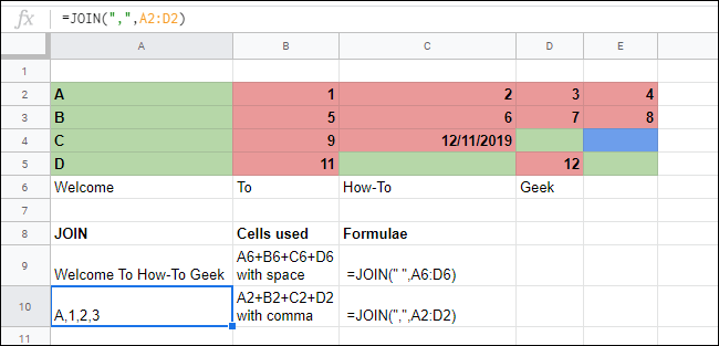 La función JOIN fusiona matrices de celdas en una hoja de cálculo de Google Sheets.